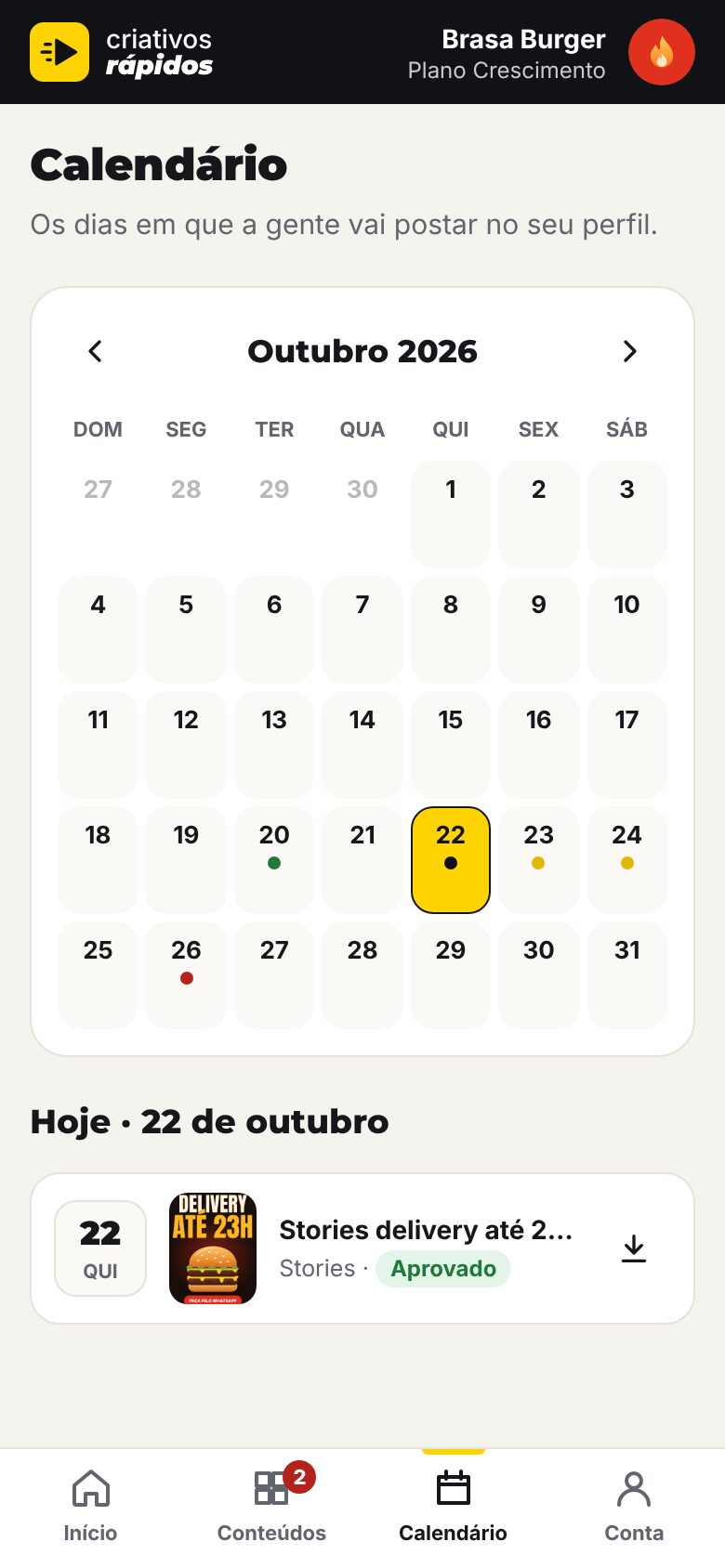 Calendário de postagem no app