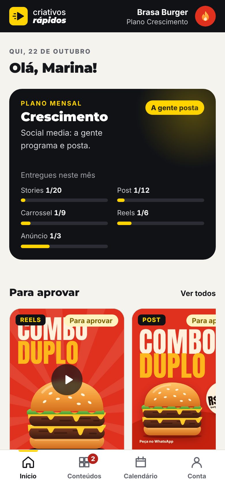 Tela inicial do app: plano Crescimento e conteúdos para aprovar